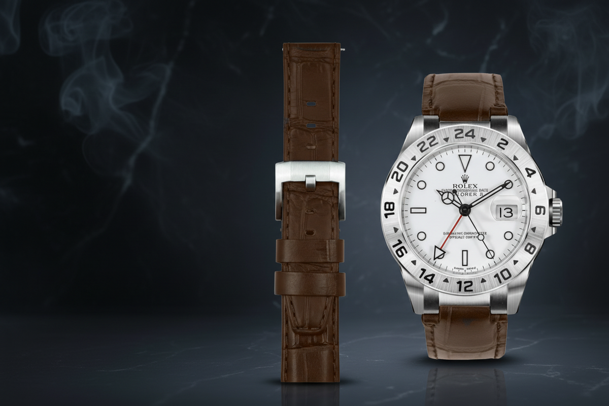 Lederarmband mit Stahlendstück für Rolex Explorer II mit Dornschließe