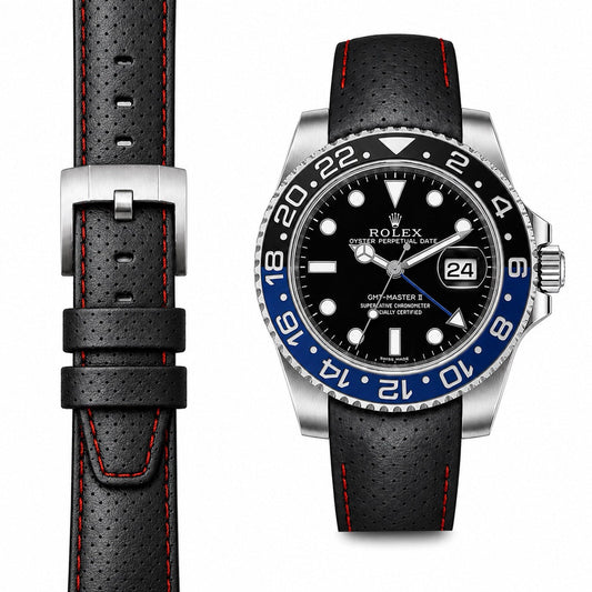 Gewölbtes Rennsport-Lederarmband für Rolex GMT Master II Keramik mit Dornschließe