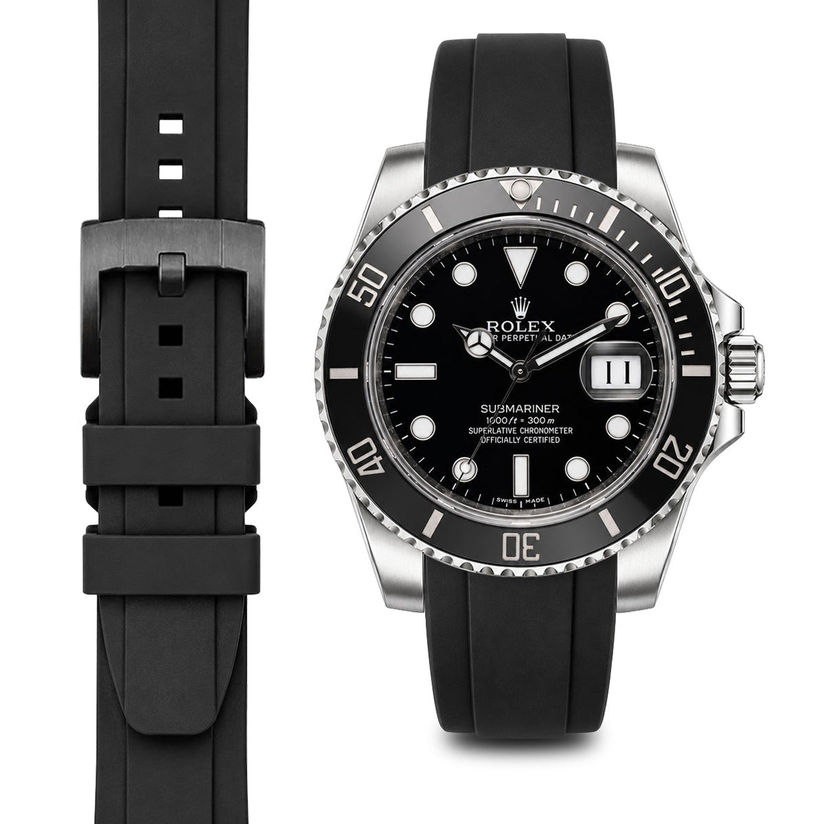 Gewölbtes Kautschukarmband für Rolex Submariner Keramik mit Dornschließe